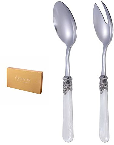 CATHYLIN 2-piece Salad Servers Stainless Steel Salad Serving Set Salad Fork and Spoon (White)