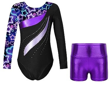 iEFiEL Mädchen Turnanzug Langarm Gymnastik Trikotanzug Glänzende Turnen Set Klassisch Gymnastikanzug Kinder Tanzbody Xc Neonschwarz 134-140