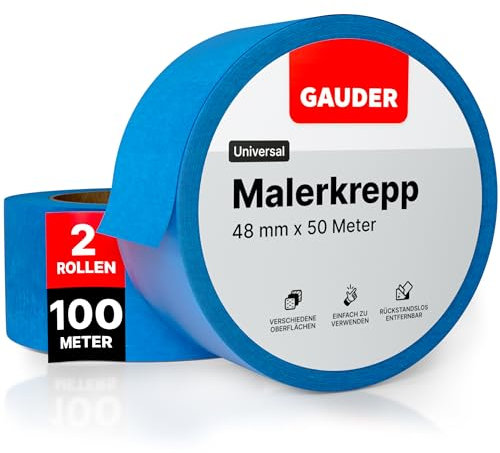 GAUDER Ruban de Masquage pour Peinture - Ruban Adhésif de Précision pour Travaux de Rénovation, Décoration et Bricolage - Bande de Peinture Facile à Retirer sans Résidus (2 Rouleaux - 48 mm x 50 m)