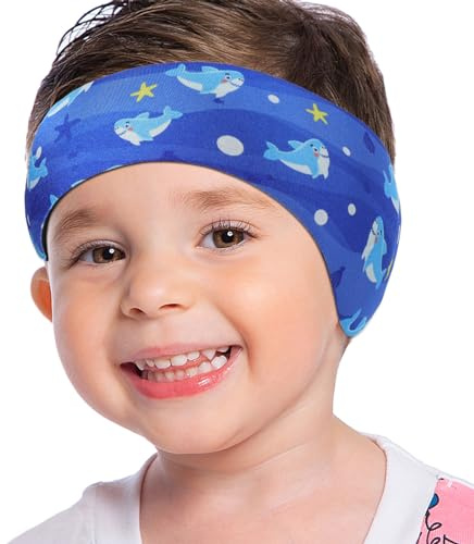 MoKo Diadema de Natación Impermeable, Banda Cabeza Ajustable Antideslizante Protección Orejas Cabello Fijación de Tapones Patrón Animal Lindo para Piscina Playa Niños 1 a 2 Años,S, Tiburón Azul Oscuro