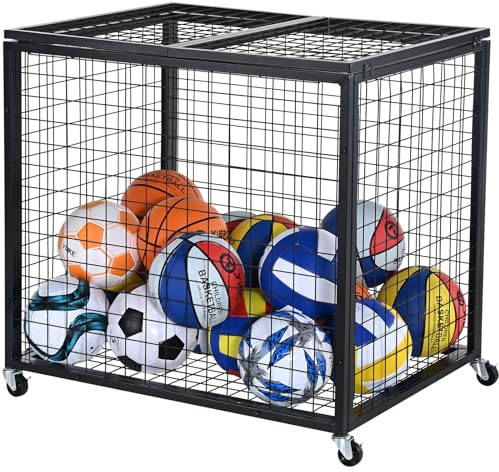 VEVOR Carrello Portaoggetti per Palline Sportive, Gabbia da Basket con Chiusura a Chiave con Doppi Coperchi, Organizzatore Porta Attrezzi Sportivi per Interni ed Esterni, Rastrelliera in Acciaio