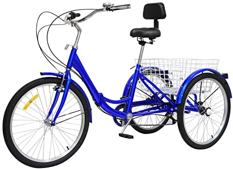 BAOCHADA 24 tum vikbar trehjuling, 7 växlar 3 hjul cykel med hög ryggsits, vuxen vikbar cykel trehjuling av hög kolstål med främre korg, 3 hjul cykel vuxen stadstrike, blå
