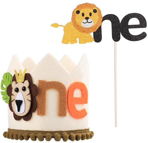 PEUTIER Corona Compleanno Leone con Inserto Torta Leone, Cappello Regolabile il 1° Compleanno Corona Compleanno Giungla Carina Bomboniere Feste Compleanno Animali Leone per Ragazzi Ragazze