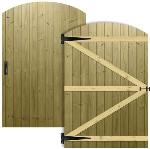 Arch Top Wooden Garden Gate 6x4ft - Tongue & Groove Semi-Braced Treated Timber Door + Suffolk Latch Hinge Pack, H:6ft x W:4ft Ideal for Outdoor Pathway Home Access (High: 180cm x Wide: 120cm)