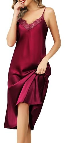 Lovasy Nuisette Sexy Femme Satin Long Chemise de Nuit en Dentelle Bretelles Réglables Robe de Nuit Soie Col en V Vêtement de Nuit sans Manches