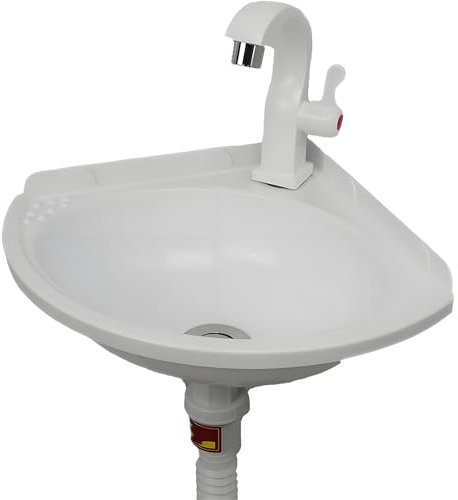 Lavabo Suspendu Sans Perçage Lavabo Lave Main Blanc en Plastique Suspendu,Lavabo Suspendu Avec Bonde Kit,Lave Mains Avec Robinet,Lavabo D'angle Suspendu Au Mur, pour Salle de Bains et WC