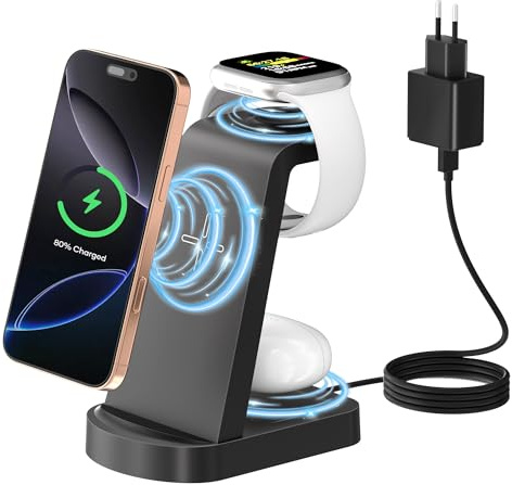 Cargador inalambrico,3 en 1 Estación Carga inalámbrica,Cargador inalámbrico(con 18W Adaptador),Compatible con iPhone 16/15/14/13/12 Pro/Pro MAX,Apple Watch Ultra/10/9/8/7/6/5/4/SE AirPods Pro Negro