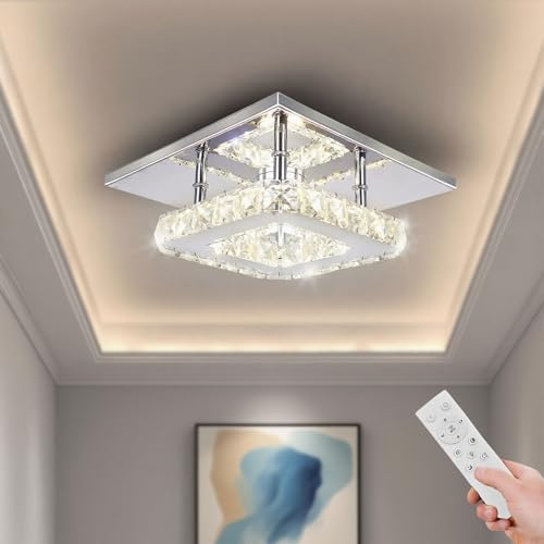 Jenvkoil Dimmable LED Ceiling Light Modern Crystal Chandeliers 7.9 Inches Mini Flush Mount Ceiling Lamp Fixture Square for Bedroom Living Room Hallway