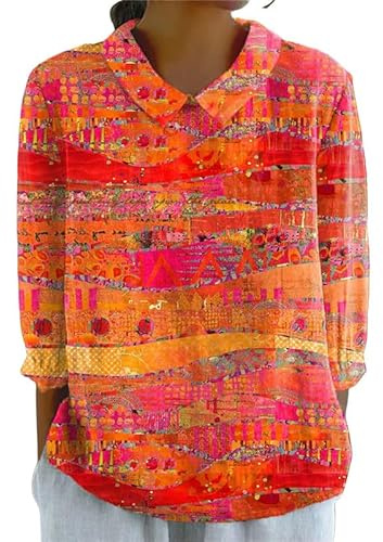 keephen Femmes Vintage Style Ethnique Fleurs Colorées Impression 3D Manches Longues Col Chemises Bulle Crêpe Léger Chemisier Dames Boho Vacances Hauts en Plein Air