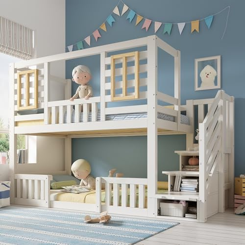 Ball & Cast Twin Bunk Bed with Storage Stairs 90x190cm, Solid Wood Frame, Children’s House Bed Frame with Guard Rail, Treehouse Bed for Twin Sleeper Kids Bedroom,White-No Mattress