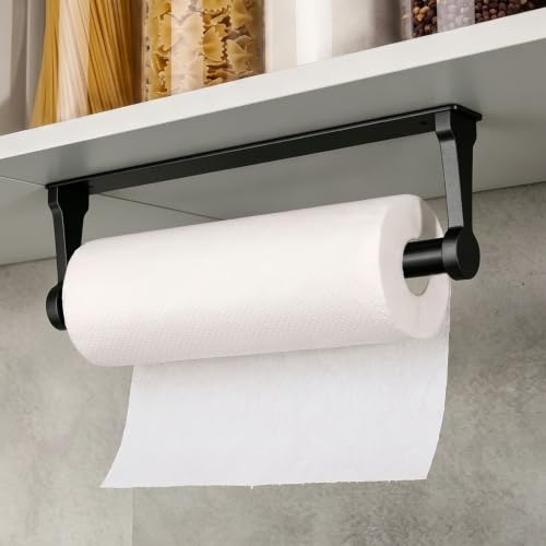 Paper Towel Holder Under Cabinet, Wall Mount Self Adhesive or Drilling Dual Install Kitchen Roll Holder, Universal Fit Standard Roll Dispenser for Kitchen, Bathroom, RV (Matte Black)
