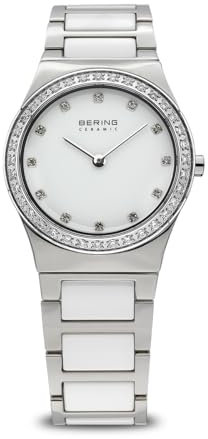 BERING Damen Quarz Uhr | Armbanduhr 30 mm silbernes Edelstahlgehäuse und weißes Zifferblatt | Edelstahlband mit Keramikelementen | 5 ATM | 32430-754
