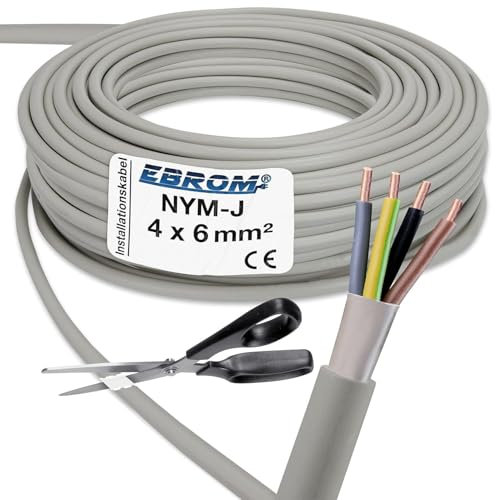 EBROM Câble gainé NYM-J NYM-J 4 x 6 mm² - Câble d'installation pour pièces humides - Gris - Sélection par incréments de 1 mètre - Au mètre près - Votre sélection : NYM-J 4 x 6 mm²