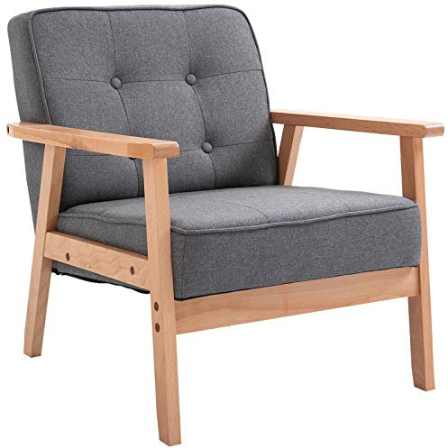 HOMCOM Sessel Wohnzimmer Loungesessel Relaxsessel mit Holzbeine Lesesessel mit Leinenoptik, Polstersessel für Schlafzimmer Grau