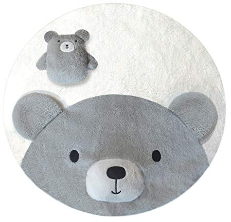 Baby Play Mat 3D Crawling Blanket Round Grey Cream 90 cm Diameter Cute Bear Motif with Extra Play Bear Super Soft Sherpa Surface Reversible Fits in Any Baby Room