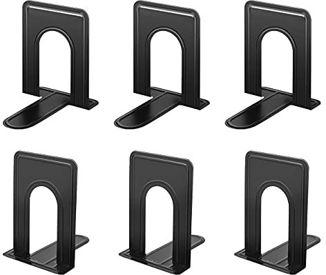JIKIOU Heavy Duty Metal Bookends Holder for Shelves, Anti-slip Base, Black, Great for Library, Office, Home, School, 3 Pairs