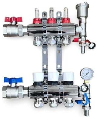 Wärmer System 3 Port Underfloor Heating Complete Manifold with Pipe Connections, Ball Valves, Automatic Air Vent and Pressure Gauge End Unit (15mm eurocones)