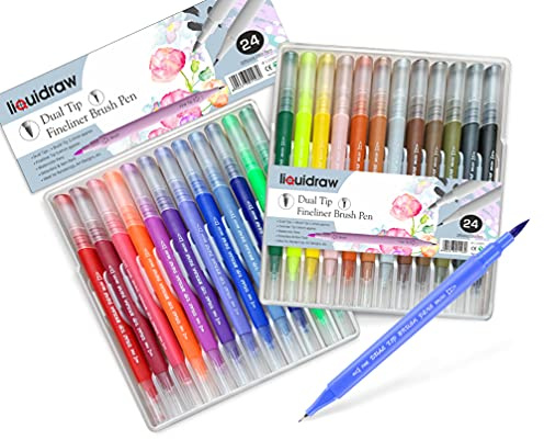 Liquidraw Dual Tip Multicolour Fineliner and Brush Pens, Set of 24 | Assorted Vibrant Colours, Innovative Design, for School, Work & Office Use, Easy Storage See-Through Wallet, Fade Resistant
