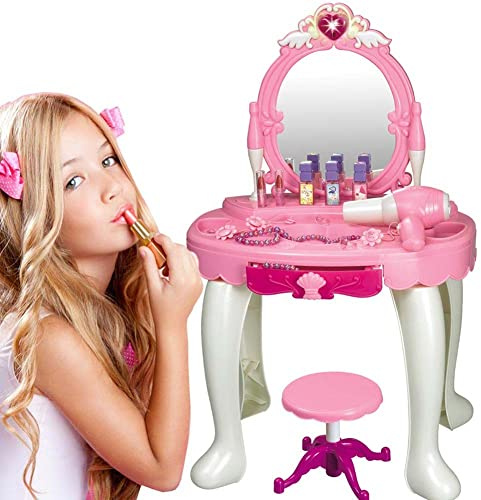 BAKAJI Specchiera da tavolo Make-Up Giocattolo per Bambini Toeletta Ballerina con Sgabello Luci Suoni Asciugacapelli Funzionante a Batteria e Accessori Gioco Dimensione 45 x 32 x 72 cm
