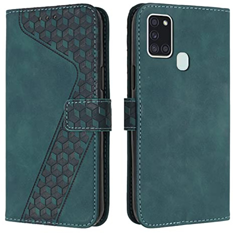 OKZone Kompatibel mit Samsung Galaxy A21S Hülle, Handyhülle Samsung A21S, PU Leder Tasche Wallet Schutzhülle Galaxy A21S, Flip Cover Klappbar Brieftasche Etui mit Magnet TPU Lederhülle (Zyan)
