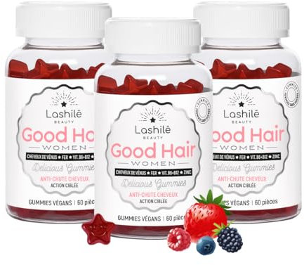 Lashilé Beauty - Complément Alimentaire - Anti-Chute Cheveux, Croissance & Force - Good Hair Women Vitamines Made in France -Biotine, Zinc, Fer, MSM, Vitamines B6 - Cure 3 Mois 180 Gummies