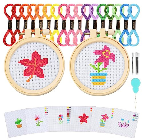 Ysimple 6 Pezzi Kit Ricamo per Principianti,Ricamo Starter Kit,Punto Croce Kit da Ricamare,con 6 Motivi a Punto Croce e 2 Cornici per Ricamo,per Adulti,Bambini,Principianti(Pianta)