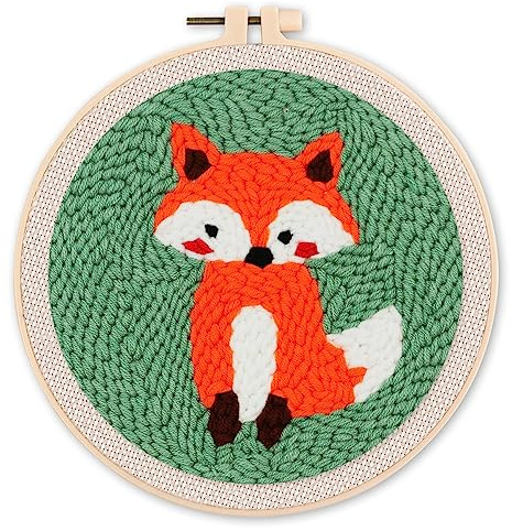 Figured'Art Punch Needle Kit Complet pour Adultes et Enfants - Renard - Parfait pour Débutant. Set prêt à broder taille 20x20cm avec cadre circulaire