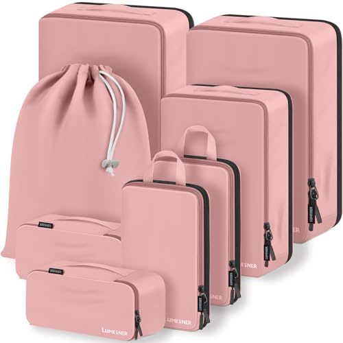 Lumesner - Juego de 8 cubos de embalaje de compresión, cubos de embalaje esenciales de viaje para maletas de mano, juego de bolsas organizadoras de maleta de compresión y cubos de viaje (8 piezas