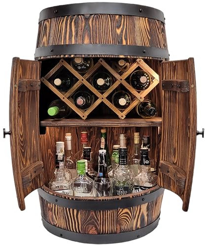 weeco Scaffale vino Botte vini, Portabottiglie in legno spazzolato e porta vino, minibar, barile da bar in legno spazzolato per bottiglie di alcol, decorazione da bar, portabottiglie, Mini Bar 82cm