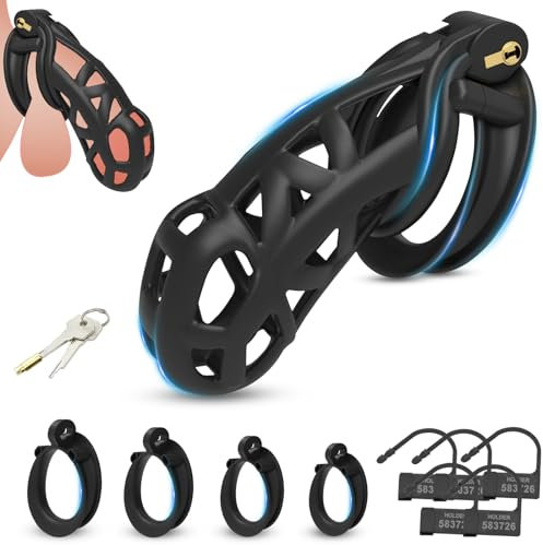 BDSMLOVE Gabbie per Pene con 4 Cockrings, gabbia castità per uomo, cobra chastity cage per Prevenire L'erezione, gabbia per il cazzo SM bondage slave sex toys (XXL)