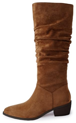 Dernolsea Knee High Boots Women, Faux Suede Low Heel Flat Pull On Knee Length Slouch Boots Brown Size 5