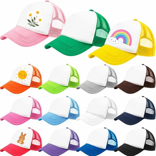 Kaxtde 15 Pièces Casquettes de Camionneur Sublimation Enfants en Vrac, Casquette de Baseball Maille Vierge DIY, Chapeaux Unis Ajustables pour Garçons Filles Unisexe Été Sports de Plein Air Plage Fête