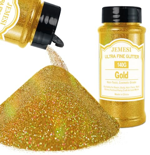 JEMESI Guldglitterpulver, 140 g – 0,2 mm, ultratunnt glitterpulver, glitter för epoxiharts, gör-det-själv-pyssel, tumbler-målning, ljus tillverkning; kosmetiskt glitter, hår, kropp nagelglitter