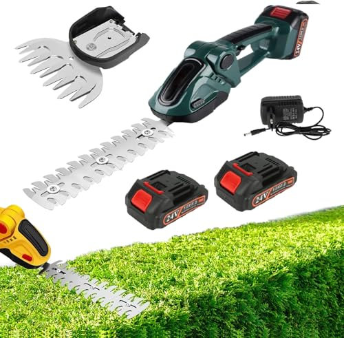 Cortasetos Electrico 2 en 1-21V Corta Setos Jardin Electrico con Baterías de 2000mAh y Cargador, Tijeras Cortacésped y Arreglasetos, para Césped de Jardín (Verde, 2-baterías)