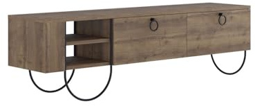 FWStyle Norfolk TV Stand in Dark Oak – 150cm Wide Modern Media Unit with Pull-Down Storage Doors, Open Shelving & Black Metal Frame – Industrial Style TV Cabinet for Living Rooms