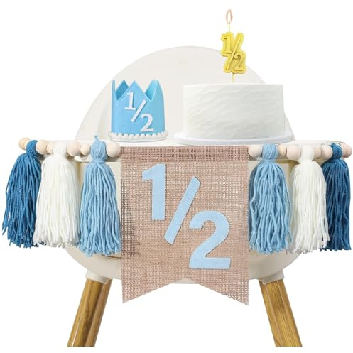 Auroriel 1/2 Compleanno Ragazzo Seggiolone Banner 6 Mesi Ghirlanda con Tassel Perline di Legno Blu Decorazioni per Compleanno per Bambini Festeggiamenti Decorazioni Batte