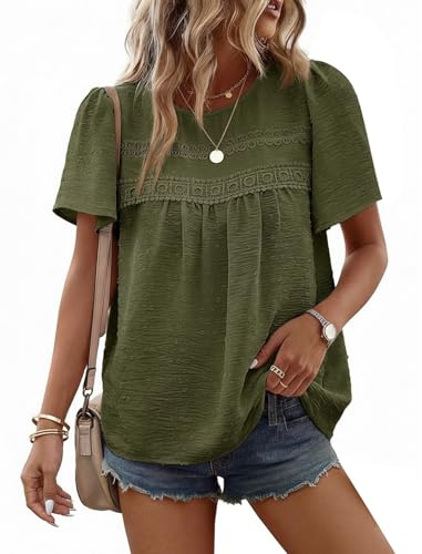 CMTOP Camicia Donna Estiva Manica Corta Elegante Girocollo Blusa Boho Pizzo Maglietta Casual Loose Tinta Unita Tunica Shirt Top (Verde, L)