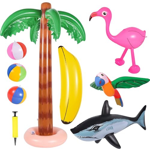mizikuu Set di 9 giocattoli gonfiabili con palme hawaiani, set di giocattoli da spiaggia gonfiabili, fenicottero, banana, pappagallo, squalo, spiaggia, palle decorative da gonfiare con pompa ad aria