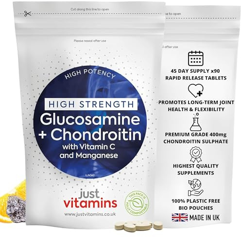 Glucosamine and Chondroitin High Strength 500mg/400mg | Joint Health & Collagen Formation Support | with Vitamin C + Manganese | 90 Tablets | UK Made - Just Vitamins