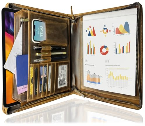 Leather Portfolio for Men - A4 Zippered Padfolio, Professional Organizer