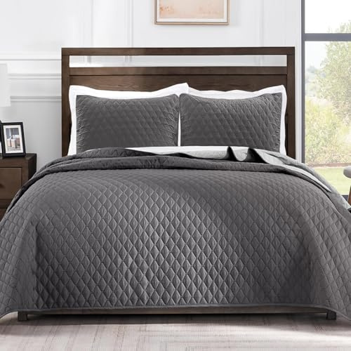 Exclusivo Mezcla Reversible King Size Quilt Bedding Set with Pillow Shams, Lightweight Quilts King Size, Soft Bedspreads Bed Coverlets for All Seasons - (Grey, 104x96)