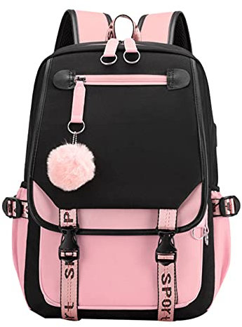 SellerFun Sac à dos pour adolescentes, écoliers, étudiants, sac à dos d'extérieur avec port de charge USB, #4 Noir Rose, 21 Liters