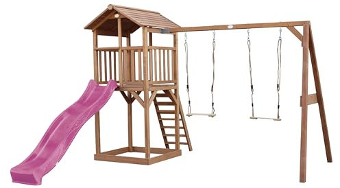 AXI Beach Tower Payhouse for Kids Outdoor in Brown | Play tower with sandpit, Double Swing Set and purple slide | Outdoor for the garden