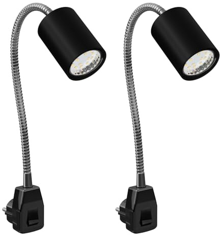 ledscom.de 2 pezzi lampada a zoccolo GU10 WAIKA a collo d'oca, interruttore, nero incl. lampada GU10 LED 206lm bianco