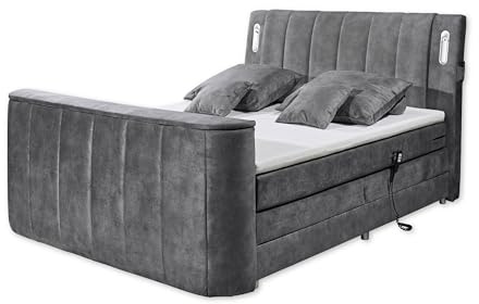 DALLAS 6 Boxspringbett 180x200 elektrisch verstellbar, Anthrazit - Bequemes Doppelbett mit motorisierter TV-Halterung & LED-Beleuchtung - 186 x 126 x 244 cm (B/H/T)
