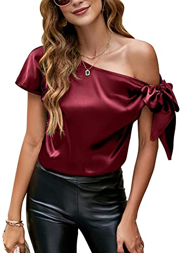 VIDUSSA Blusa de seda con hombros descubiertos para mujer, informal, manga corta, cuello asimétrico, blusa de satén, Rojo vino, XL