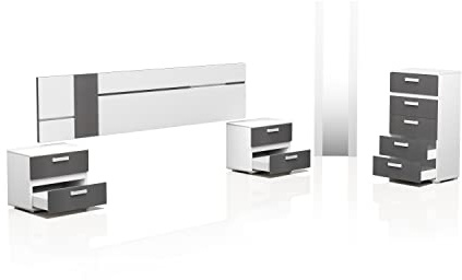 duehome | Conjunto de Dormitorio con Cabecero + 2 Mesitas de Noche + Sinfonier y Espejo, Modelo Ataneq Air 5c, Acabado en Blanco y Grafito