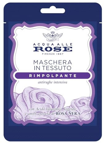 Acqua Alle Rose, Maschera Viso in Tessuto Rimpolpante con Attivi Antietà di Rosa Nera e Acido Ialuronico Vegetale, Azione Antirughe Intensiva, Riduce le Rughe e Rimpolpa la Pelle Matura, Monouso 1 pz