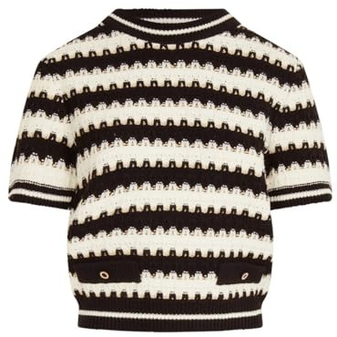 Morgan Jersey Blanco a Rayas con Cuello Redondo y Manga Corta de Ganchillo, Blanco y Negro, L