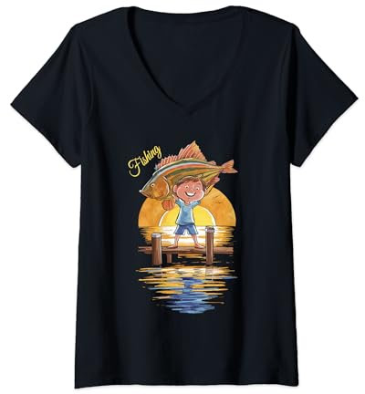 Damen Fröhliches Angelabenteuer für Kinder bei Sonnenuntergang T-Shirt mit V-Ausschnitt